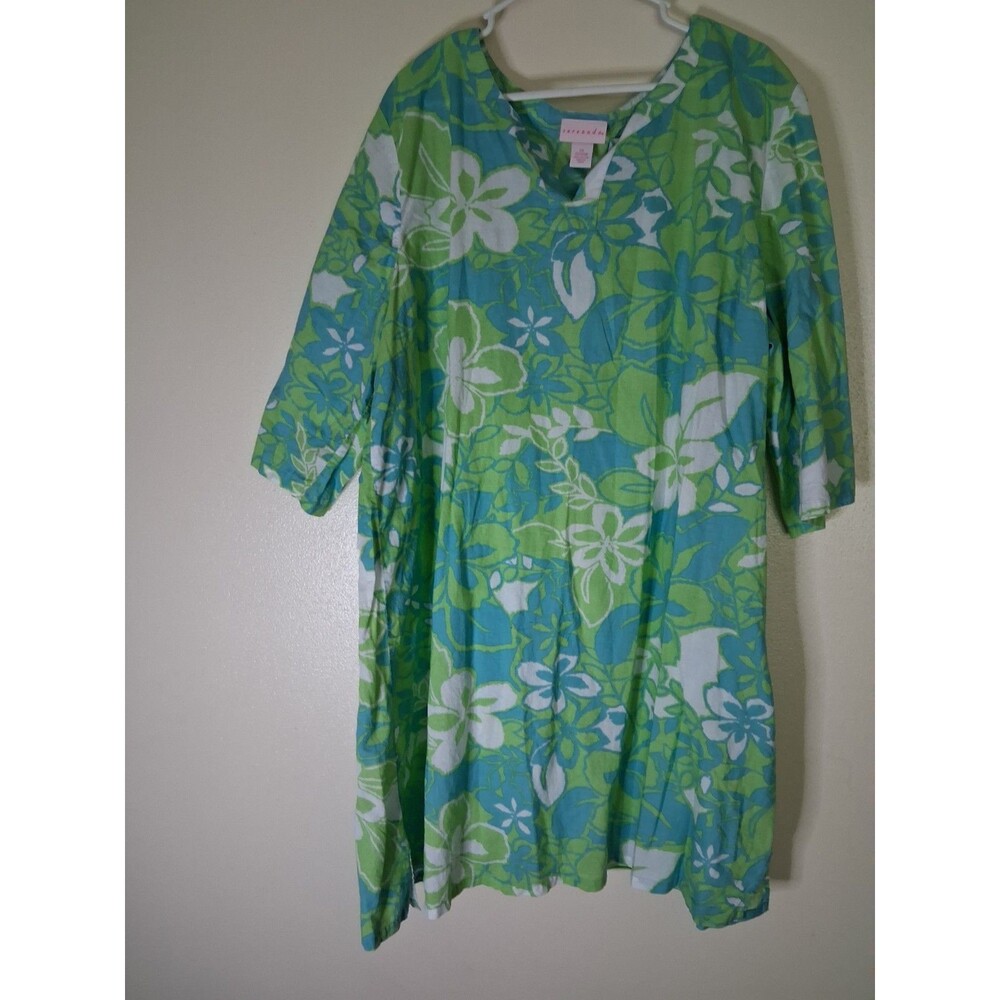 Serenada Plus Size 2X 22W 24W Dress 100% Cotton Green Aqua Tropical Muumuu